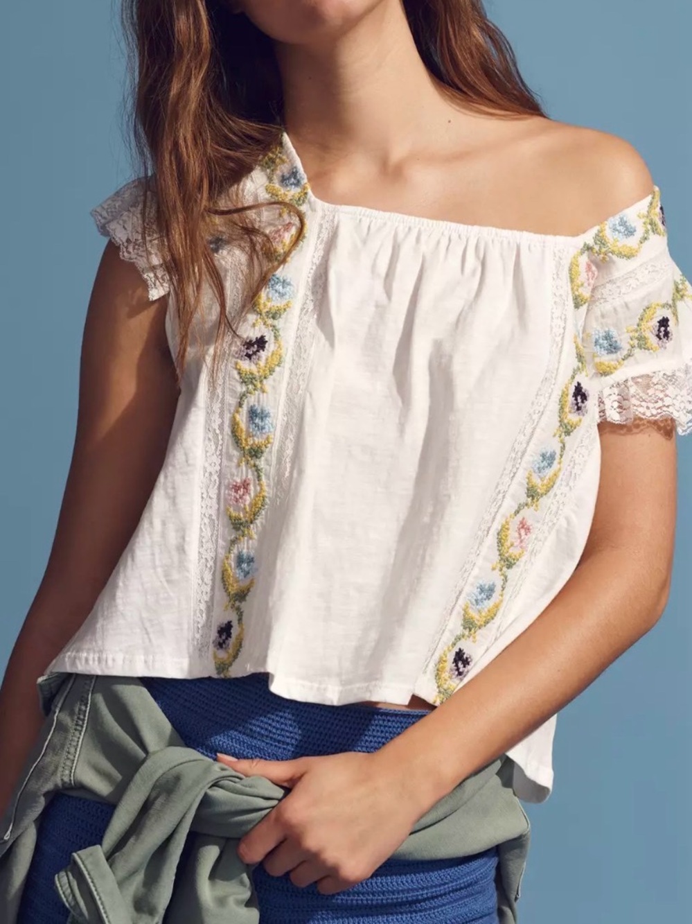 Anthropologie Crop Swing Top Floral Embroidered Lace Blouse S